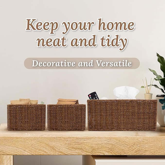 Wicker Basket with Handle, Shelf Baskets for Organizing, Woven Organization Storage with Handles, Resin Wicker Set of 3, Toffee