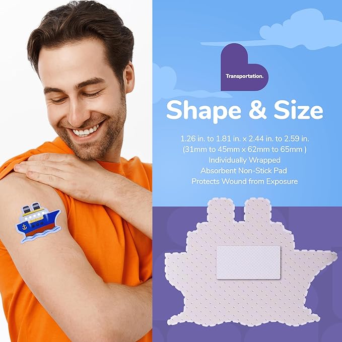 BioSwiss Kids Bandages, Transportation Shaped Self Adhesive Bandage Set, Latex Free, Sterile Wound Care, 24 Count
