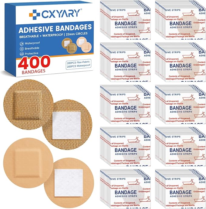 CXYARY 400PCS Round Bandages, Fabric Bandage ＆ Waterproof Bandage Latex Free Used for Emergency Treatment and Skin Wound Care, Circle Bandages Suitable for Small Wounds