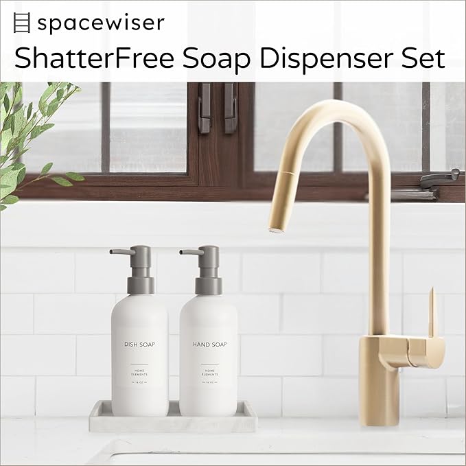Plastic Soap Dispenser Set - PET Plastic Dish Soap Dispenser for Kitchen, Hand Soap Lotion Bottles with Pump Dispenser for Bathroom, Includes 8 Waterproof Labels and Silicone Tray, 16 oz