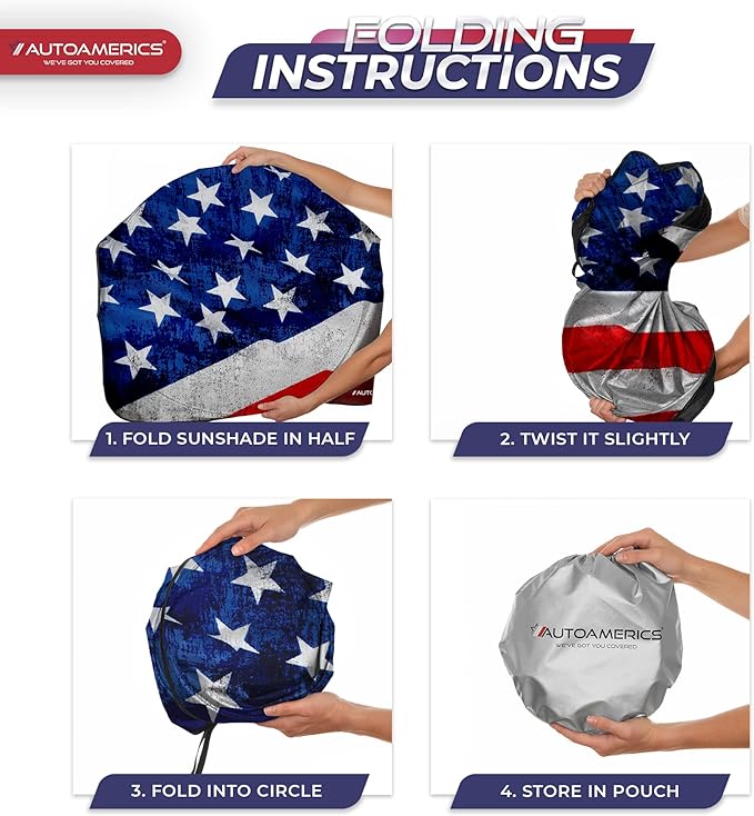 Autoamerics 1-Piece Windshield Sun Shade Grunge American Flag - 4 USA Design - Foldable Car Front Window Sunshade for Most Sedans SUV Truck - Blocks Max UV Rays and Keeps Your Vehicle Cool - Small