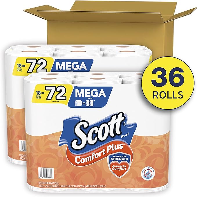 Scott ComfortPlus Toilet Paper, 36 Mega Rolls = 144 Regular Rolls, Bath Tissue, 462 Sheets Per Roll, White, 36 Count