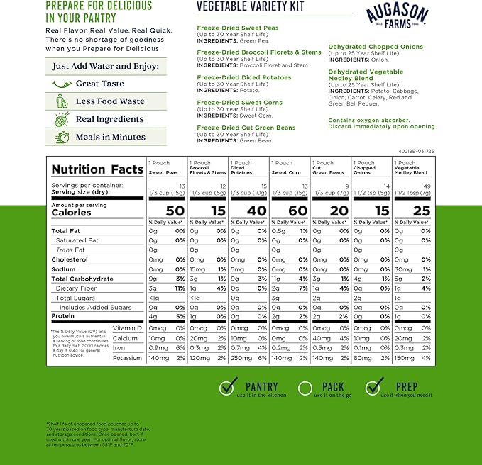 Vegetable Variety Kit Emergency Food Supply, 125 Servings, 30 Year Shelf Life - Dehydrated Vegetables Camping Essentials, Broccoli, Potatoes, Peas, Corn, Green Beans, Onions, and Medley