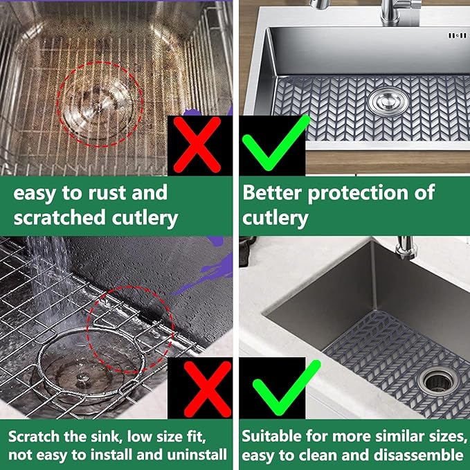AWOKE Sink Protectors for Kitchen Sink, Kitchen Sink Protector Mat - 28.4"x15.2" Heat-Resistant Silicone Folding Non-Slip Mat for Stainless Steel Sink with Rear Drain (Grey)