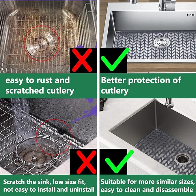 GUUKIN Sink Protectors for Kitchen Sink - 28.4"x 15.2" Silicone Kitchen Sink Mat Grid for Bottom of Farmhouse Stainless Steel Porcelain Sink with Rear Drain（Grey）, 2815B