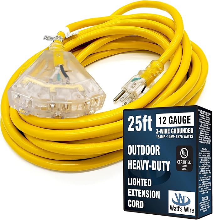 25 ft Outdoor Extension Cord Waterproof - 12 Gauge Heavy Duty Extension Cord Splitter - Lighted Outdoor Extension Cords with Multiple Outlets - Watts Wire - 25' Grounded - extensiones electricas