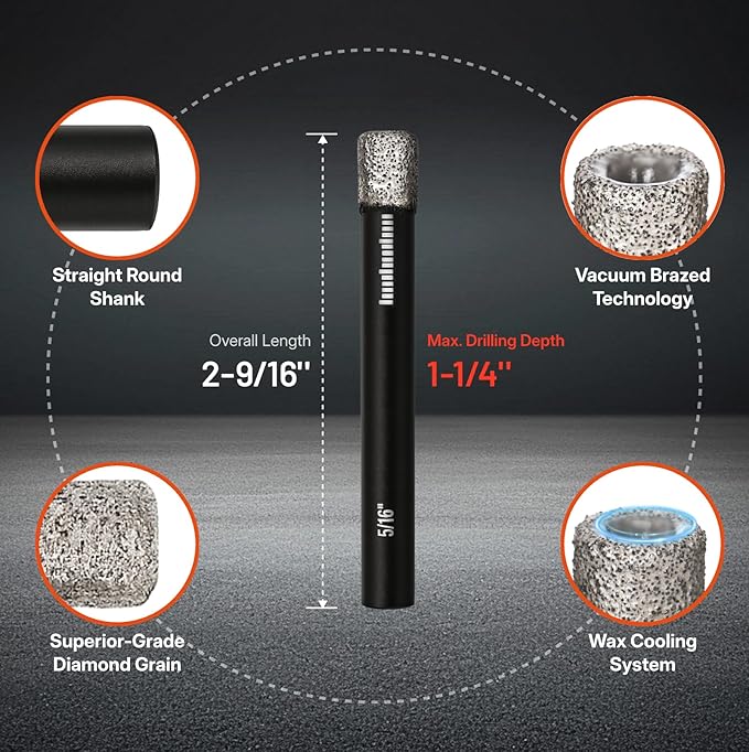 BLACK CANYON 8 Pcs Diamond Core Bit Set, 3/16", 1/4", 5/16", 3/8", 1/2" Tile Drill bits with Integrated Coolant for Fast Dry Drilling, for Ceramic Tile, Marble, Granite, Quartz & Glass
