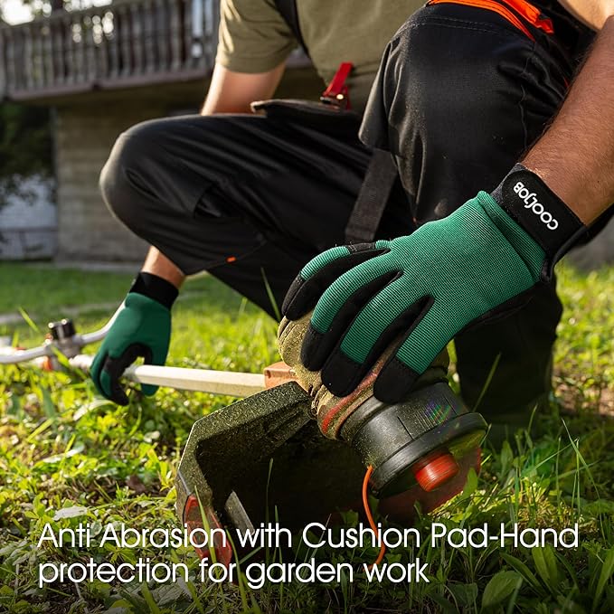 COOLJOB Thorn Proof Garden Gloves with Touchscreen Fingers for Men, Rose Pruning Work Gloves with Palm Cushion for Gardener, Farmer and Landscaper (Green 1 Pair Small)