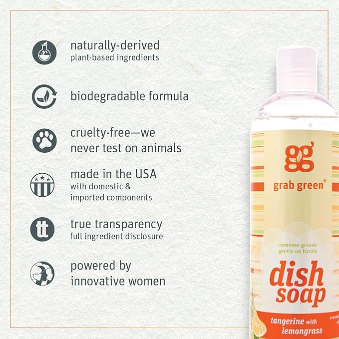 Grab Green Liquid Dish Soap, 16 Ounce (Pack of 3), Tangerine Lemongrass Scent, Biodegradable, Plant and Mineral Based, Removes Grease, Gentle on Hands