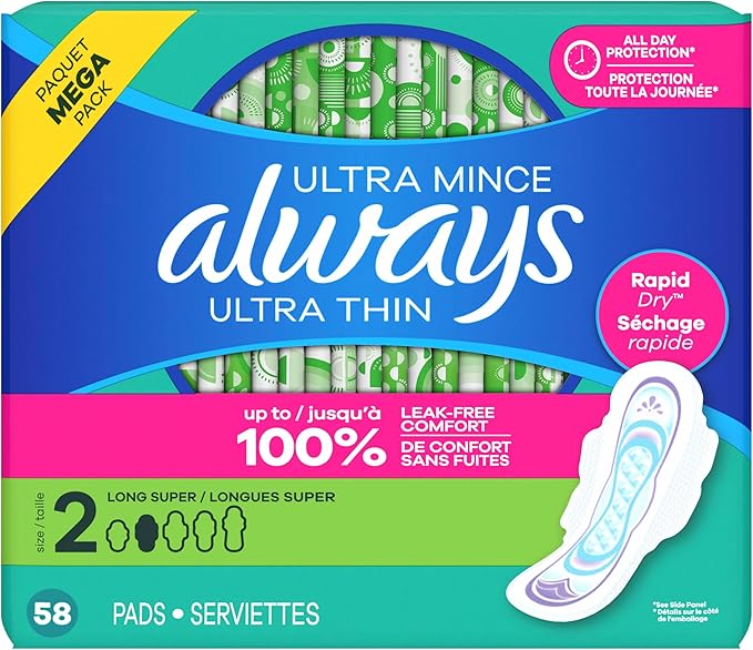 Always Ultra Thin Pads with Wings, Size 2, Long Super, 58 Count