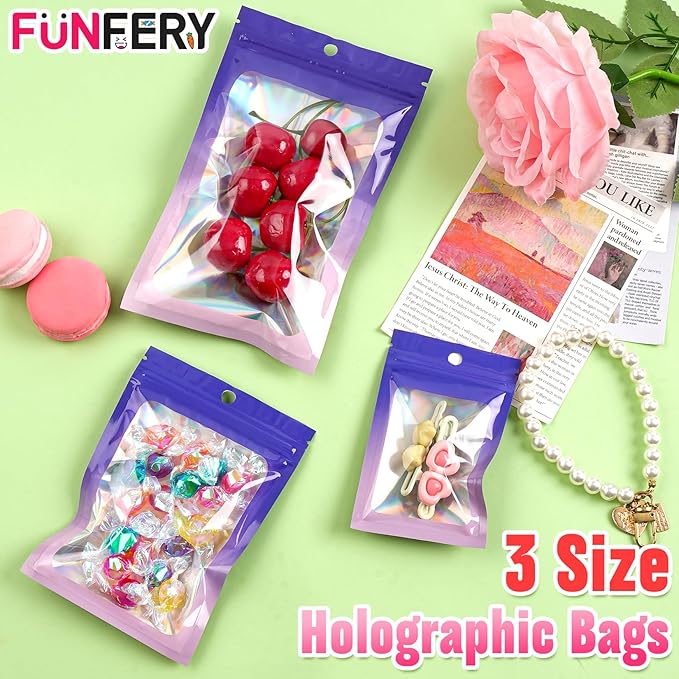 Funfery 300 Pack 3 Size Mylar Holographic Bags with Clear Window,Resealable Bag Smell Proof Foil Baggies Packaging Pouch for Food Storage,Sample,Small Business(Purple Pink,3x4.7,4x6,4.7x7.9in)