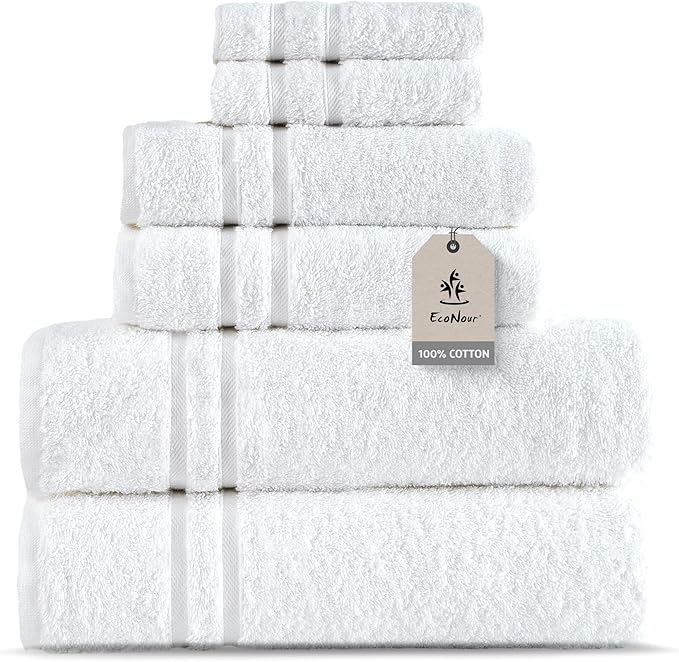 EcoNour Luxury 100% White Turkish Cotton Towel Set 550 GSM– 6 Piece Bathroom Towels Set Includes 2 Bath Towels, 2 Hand Towels, 2 Washcloths – Soft, Absorbent, Quick Dry for Bathroom, Spa,Gym & Hotel