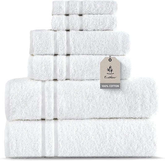 EcoNour Luxury 100% White Turkish Cotton Towel Set 550 GSM– 6 Piece Bathroom Towels Set Includes 2 Bath Towels, 2 Hand Towels, 2 Washcloths – Soft, Absorbent, Quick Dry for Bathroom, Spa,Gym & Hotel
