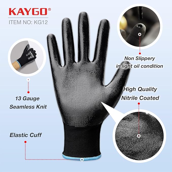 KAYGO Work Gloves Nitrile Coated, 12 Pairs KG12N，Seamless Knit, Protective Safety Work Gloves with Good Grip for General Work,Black,2XL