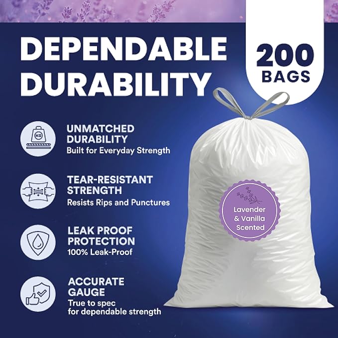 Plasticplace 8 Gallon Trash Bags │ 0.7 Mil │ Lavender and Soft Vanilla Scented Garbage Can Liners │ 22" x 22" (200 Count), White