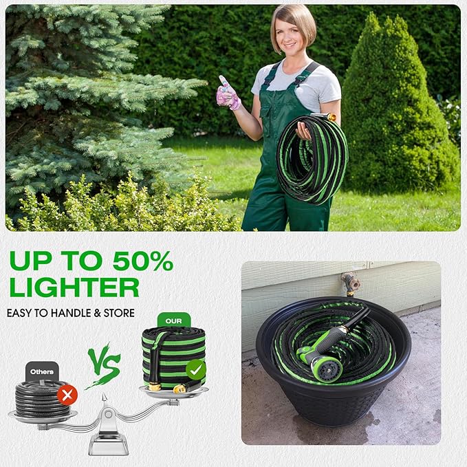 100FT Lightweight Super Flexible Garden Hose - Kink-Free, Non-Expanding, Easy Storage for Yard Lawn Outdoor Use (Black-Green)