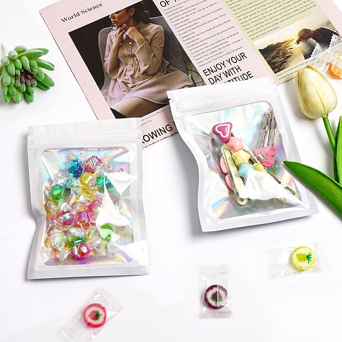Funfery 300 Pack Smell Proof Resealable Bags for Food Storage,Holographic Bags 4x6 White Mylar Clear Packaging Bag- Scent Proof for Cookies, Zip Foil Pouch for Small Business
