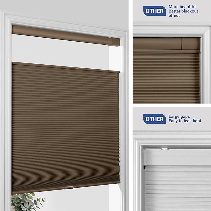No Drill No Tools Cellular Shades Top Down Bottom Up Blackout Blinds for Windows Cordless Honeycomb Window Shades Easy to Install for Home, Blackout-Dark Brown, Customized Size