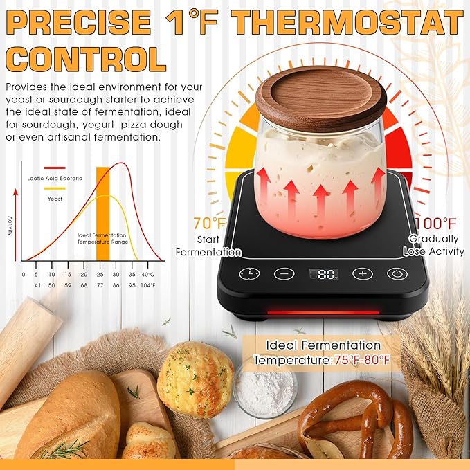 Upgraded Sourdough Starter Warmer, Precise 1°F Thermostat Control (70-100°F) Warming Heating Pad Mat with 0–12H Timer & Auto On/Off, Memory Function, Sourdough Heater Proofing Tool for Home Baking