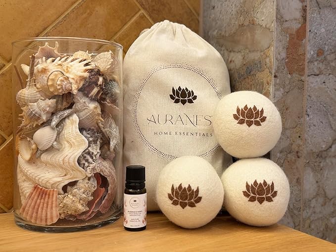 AuraNest Premium Quality Wool Dryer Balls Kit – 100% Organic XL Dryer Balls with Essential Oil & Laundry Mesh Bag, Reusable Fabric Softener Alternative to Dryer Sheets, Eco-friendly Housewarming Gift
