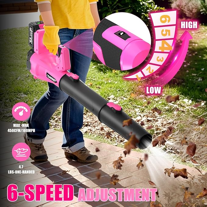 Cordless Leaf Blower, LEAWINDY 21V Battery Leaf Blower with 6-Speed Levels, Handheld Lightweight Blower & 2 Extended Tubes, Snow Blower for Blowing Leaves, Lawn, Garden, Garage, Yard