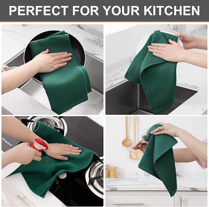 Kitinjoy 100% Cotton Waffle Weave Kitchen Towels, 8-Pack Super Soft and Absorbent Dish Towels for Drying Dishes, Kitchen Hand Towels, 13 in x 28 in, Dark Green