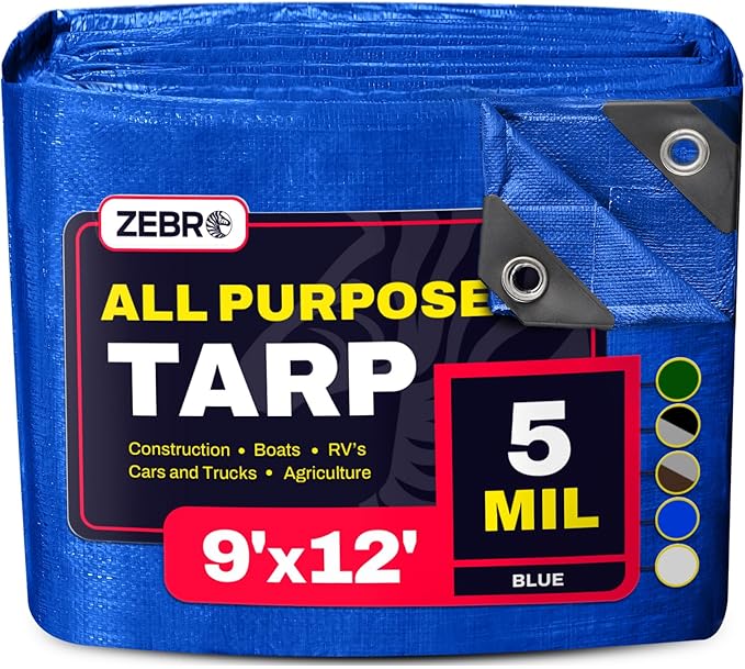 9' x 12' Blue Tarp with Grommets Reinforced - 5 Mil Thick - Durable UV Resistant Plastic Tarps Waterproof - Large Tarpaulin Cover for Outdoor Camping Over/Under Tent Tarp RV Roof Rain - Zebro