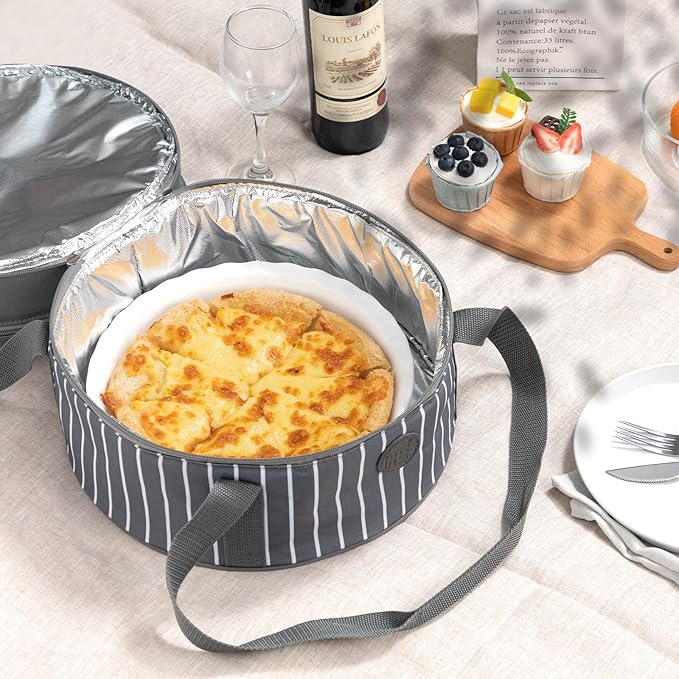 Fun Elements Insulated Casserole Carrier for Hot or Cold Food, 12.5 Inch Pie Carrier with Lid and Handle, Round Food Container for Transport, Grey
