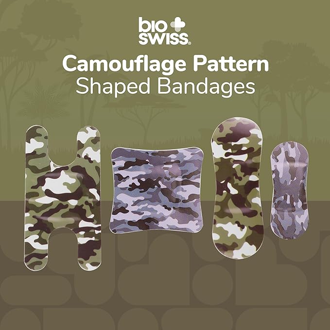 BioSwiss Kids Bandages, Assorted Size Camouflage Print Shaped Self Adhesive Bandage Set, Latex Free, Sterile Wound Care, 60 Count
