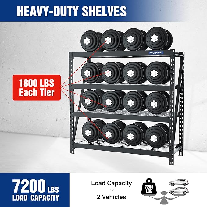 WORKPRO 68" Ultra Wide 4-Tier Metal Garage Shelving Unit, 68"W x 24"D x 65"H, 7200 LBS Capacity, Heavy Duty Storage Utility Rack, Industrial Adjustable Shelves for Shop Warehouse Basement, Pack of 2