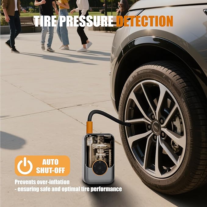 Portable Tire Inflator, Handheld with LCD Display & Auto Shut-off, Built-in Flashlight, Dual Power Modes, for Car/Bike/Motorcycle/Inflatables