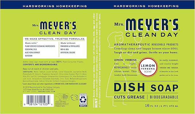 MRS. MEYER'S CLEAN DAY Liquid Dish Soap, Cruelty Free and Non-Toxic, Lemon Verbena Scent, 16 oz- Pack of 6