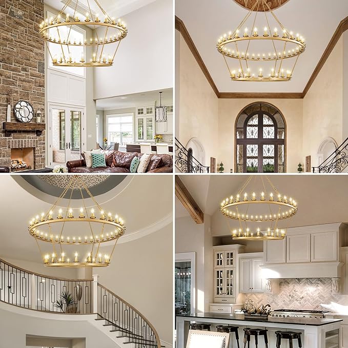 Wagon Wheel Chandelier, 2-Tier 54-Light Gold Extra Large Modern Rustic Farmhouse Chandelier Adjustable Height Light for High Ceiling Living Room, Entryways, Foyer, Dining Room