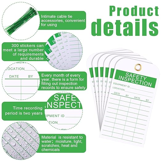 100 Pack Safety Inspection Tag Accident Prevention Tag Fire Extinguisher Tags with Zip Ties Multi Purpose Cable Ties for Indoor Outdoor Fire Extinguisher Scaffold Ladder (Green)