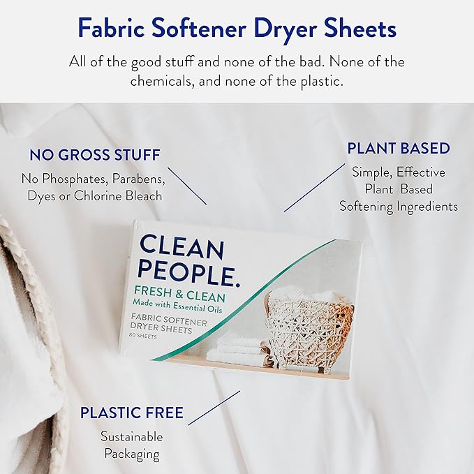 The Clean People Fabric Softener Sheets - Dryer Sheets - Softens & Removes Static Cling - Vegan Laundry Softener With Essential Oils - Fresh Scent, 240 Pack