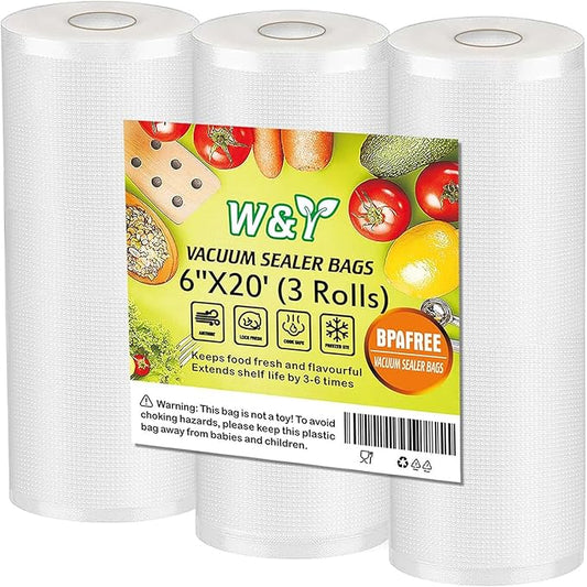 W&Y Vacuum Sealer Rolls 6” x 20’, 3 Rolls BPA-Free Commercial Grade Embossed Bags for Freezer Storage, Sous Vide, and Food Packing