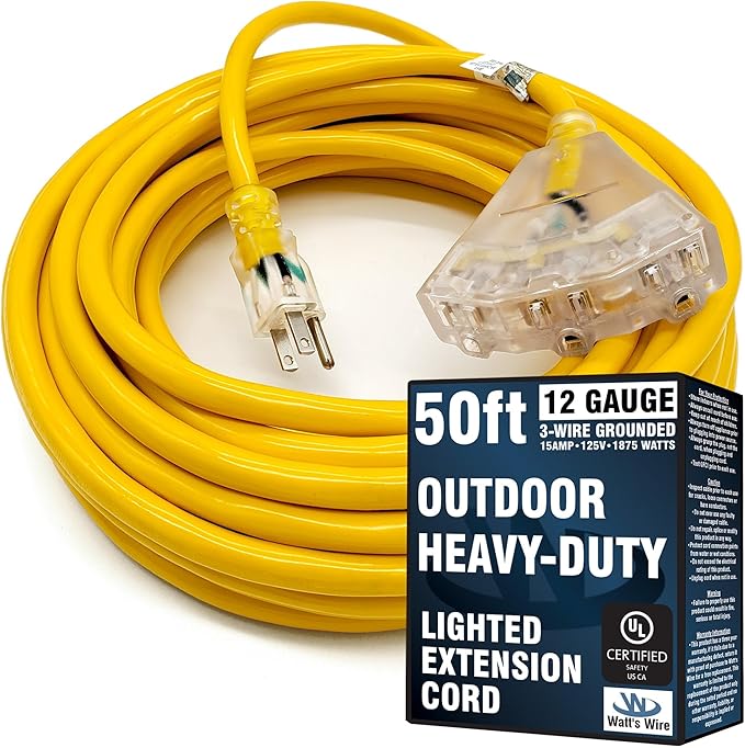 50 ft Outdoor Extension Cord Waterproof - 12 Gauge Heavy Duty Extension Cord Splitter - Lighted Outdoor Extension Cords with Multiple Outlets - Watts Wire - 50' Grounded - extensiones electricas