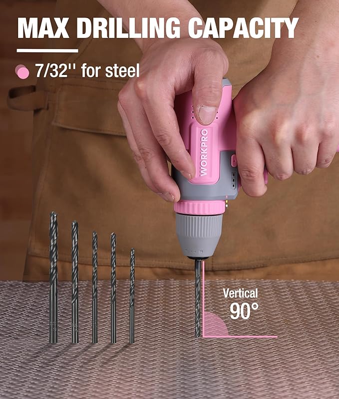WORKPRO Pink Cordless 8V Drill Driver Set, 2Ah Electric Power Drill with 3/8'' Keyless Chuck, 15pcs Bits & 1 Type-C Charging Cord for Drilling and Screwing - Pink Ribbon