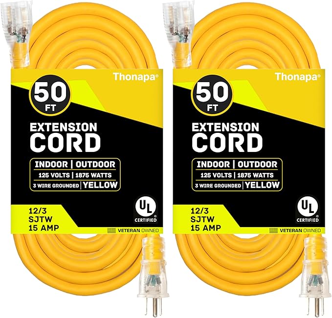2 Pack Lighted Outdoor Extension Cord 50 ft - 12 Gauge 15 Amp Heavy Duty Power Extension Cords - SJTW - Great for Major Appliances, Power Tools, Garden Supplies - Yellow