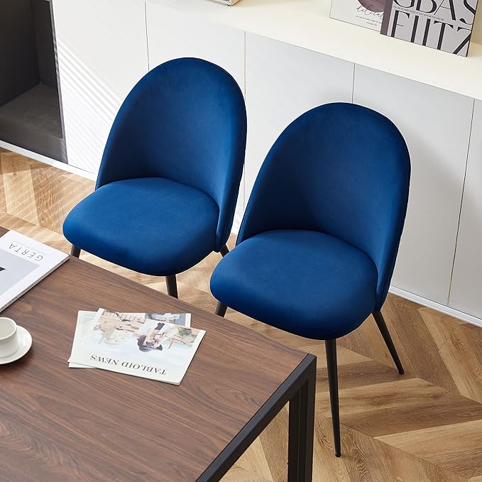 Dining Chair Set of 4 - Simple Design, Comfortable Velvet Upholstered Chairs with Stainless Metal Legs for Dining Table and Living Room, Navy Blue