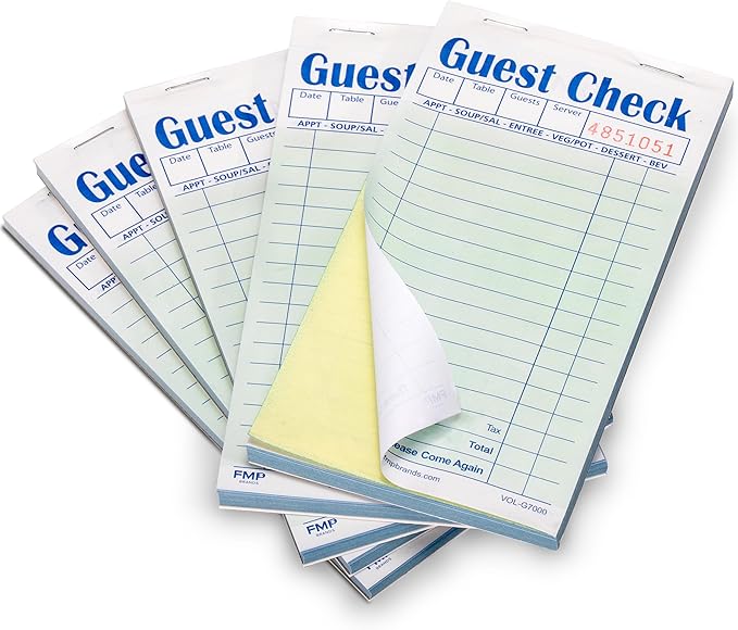 FMP Brands Double Part Guest Check for Servers, Server Note Pads 250 Sheets (5 Pads), Server Books for Waitress with Carbon Copies, Guest Check 2 Part Carbonless, Check Book for Cafes, Restaurants