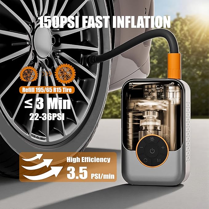 Cordless Portable Tire Inflator, Fast with Digital Pressure Gauge, Emergency LED Light for Car/Motorcycle/Bike/Inflatables, 150PSI Rechargeable & 12V DC Dual Mode
