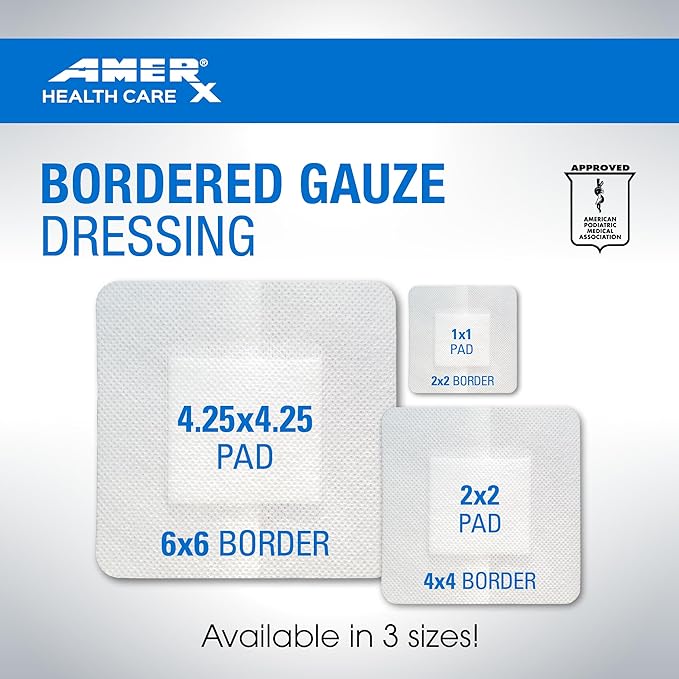 2" x 2" Dressing (1x1 Pad) AMERX Bordered Gauze - Adhesive Bandages - Water Resistant Barrier - Self Adhesive Border - Breathable, Hypoallergenic - 15 Pads Per Box