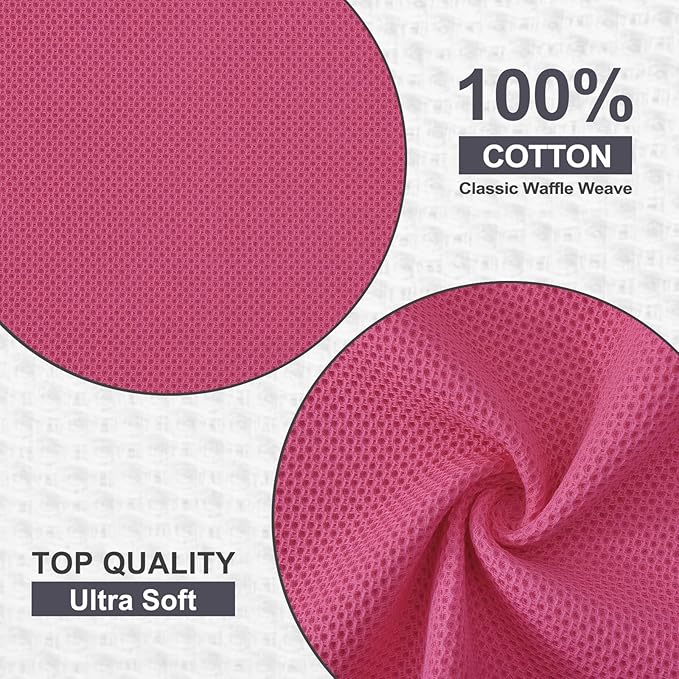 Kitinjoy 100% Cotton Kitchen Dish Cloths, 6 Pack Waffle Weave Ultra Soft Absorbent Dish Towels for Drying Dishes Quick Drying Kitchen Towels Dish Rags, 12 X 12 Inches, Hot Pink