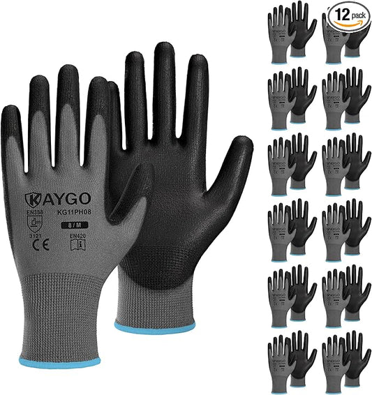 KAYGO Safety Work Gloves PU Coated-12 Pairs KG11PB Seamless Knit Glove with Polyurethane Coated Smooth Grip on Palm & Fingers for Men and Women, Gray Medium