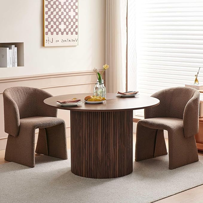 Dining Table Set for 2, 47" Circle Kitchen Table and Brown Upholstered Barrel Dining Room Chairs, Rustic Dinette Set, Engineered Wood Two-Part Tabletop with Walnut Finish