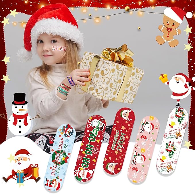 Patelai 300 Pieces Kids Bandages Bulk 10 Styles Children's Adhesive Flexible Colorful Cute Cartoon Bandages Waterproof Breathable Stickers Protection Care Cuts for Girls Boys(Santa Claus)