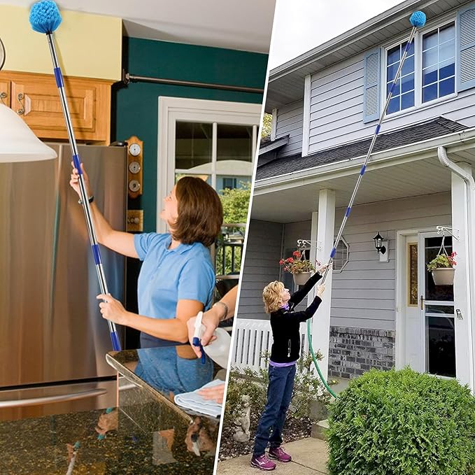 Cobweb Duster with Extension Pole, 10 FT Stiff Bristles Duster Head with Adjustable Stainless Steel Handle, Lightweight High Ceiling Brush Cleaner for Outdoor Indoor