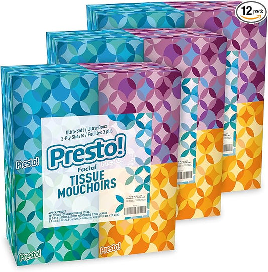 Amazon Brand - Presto! Ultra-Soft 3-Ply Premium Facial Tissues, 264 Count (12 Packs of 66), (Packaging May Vary)
