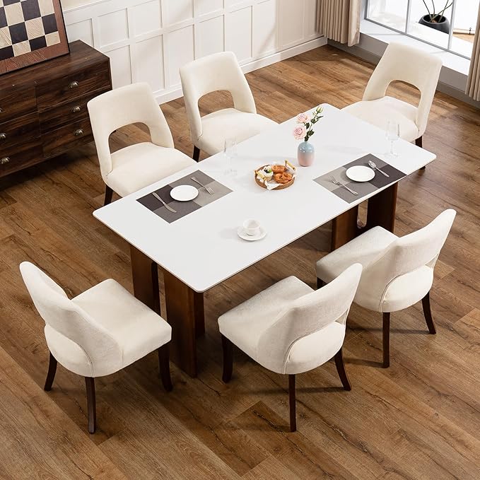 UVV Wooden Dining Chairs Set of 2, Mid Century Modern Chenille Upholstered Dining Room Chair Kitchen Chairs, Farmhouse Dinner Chair with Solid Wood Legs for Kitchen Dining Room, Beige-Chenille